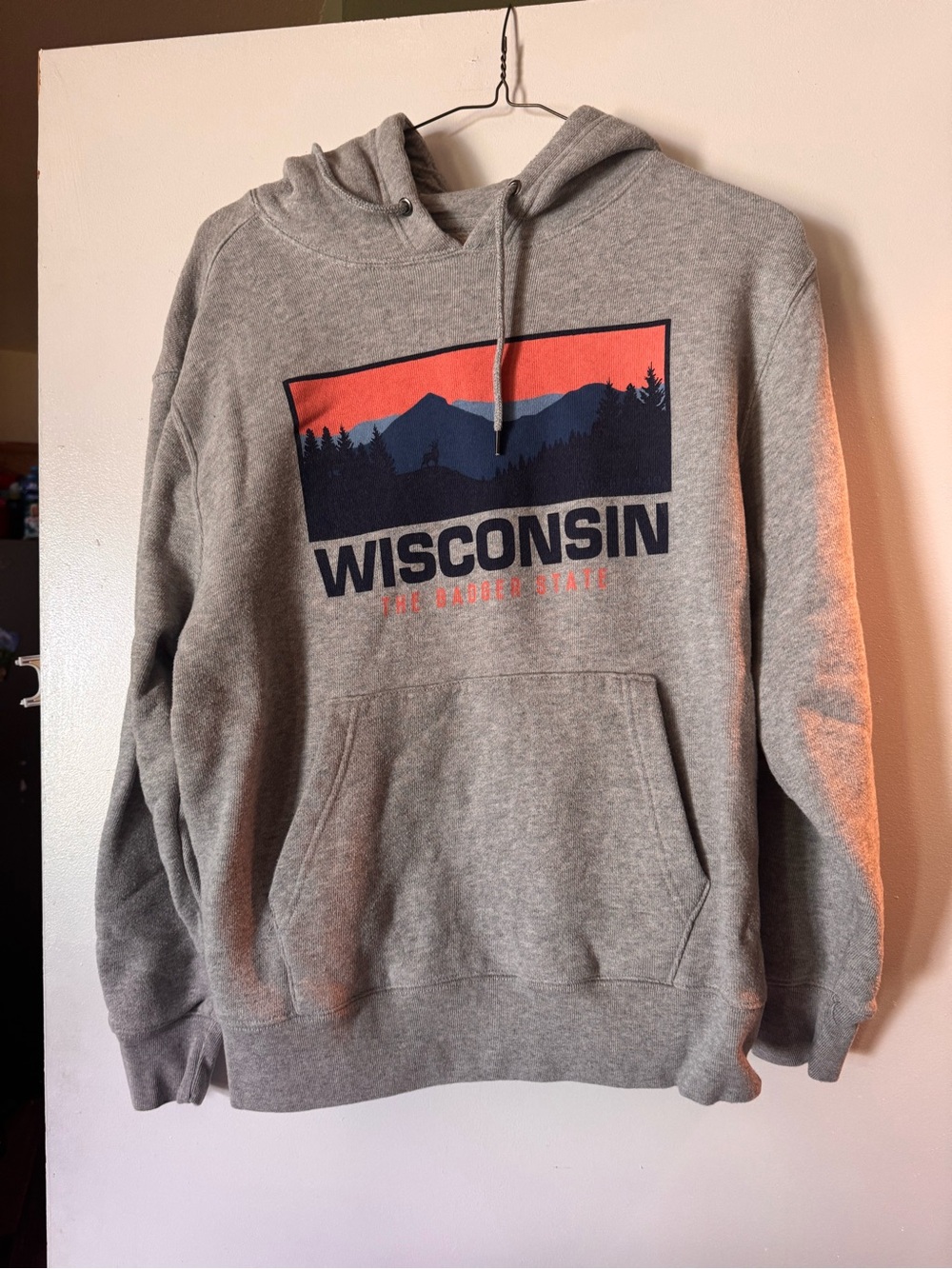 State of Mind Grey Hoodie with Red and Navy Wisconsin Graphic